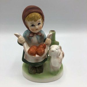 Vintage Porcelain Girl Figurine Carrying Fruit With Lamb, Unmarked 5" - EUC